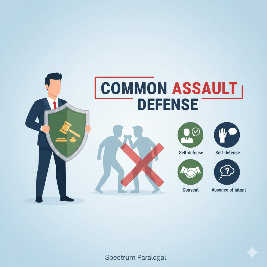 Illustration showing a professional in a suit holding a shield with a gavel and maple leaf, symbolizing legal defense. To their right, two figures appear to be in conflict, but are crossed out with a red 'X'. Next to this are four icons representing common assault defenses: self-defense (person blocking), consent (handshake), and absence of intent (question mark thought bubble). The overall title is 'Common Assault Defense' and 'Spectrum Paralegal' is at the bottom.