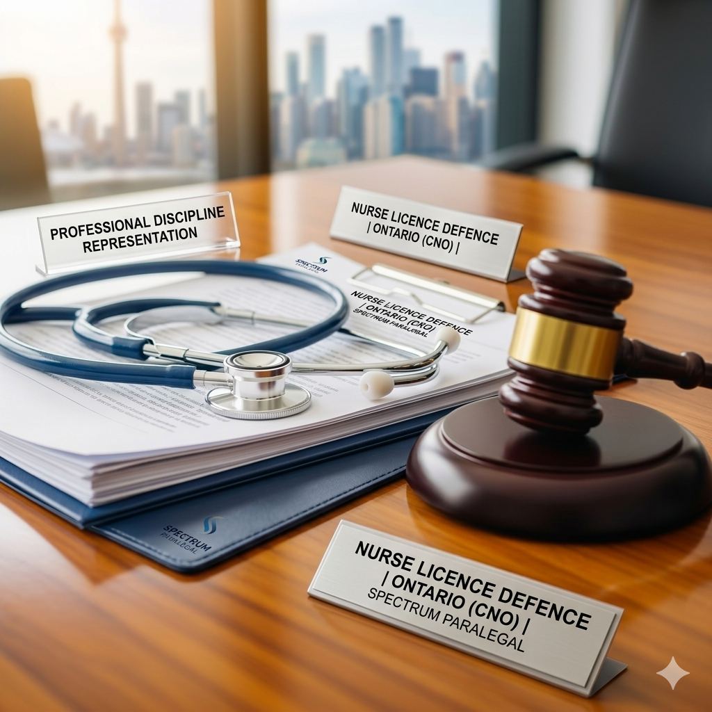 A close-up photograph on a wooden desk showing a silver stethoscope draped over a stack of legal documents and a dark wood and brass legal gavel. A metal plaque in the foreground and the top document feature the text 'NURSE LICENCE DEFENCE | ONTARIO (CNO) | SPECTRUM PARALEGAL'. A small acrylic sign reads 'PROFESSIONAL DISCIPLINE REPRESENTATION'. In the softly blurred background, a window reveals a high-rise city skyline under warm, bright sunlight. The atmosphere is professional and authoritative.