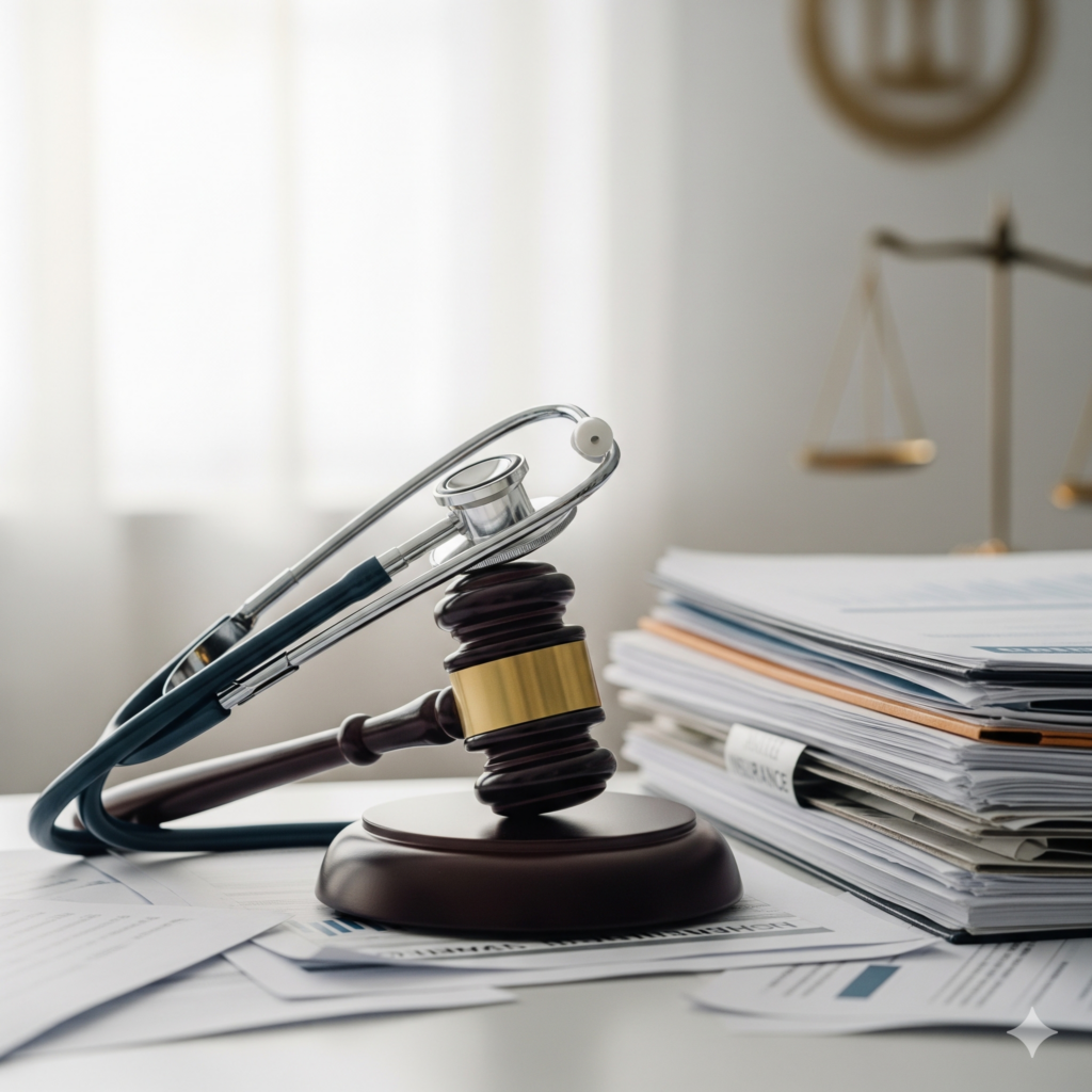 Stethoscope on a legal gavel with insurance documents representing benefit fraud discipline proceedings for Ontario nurses.