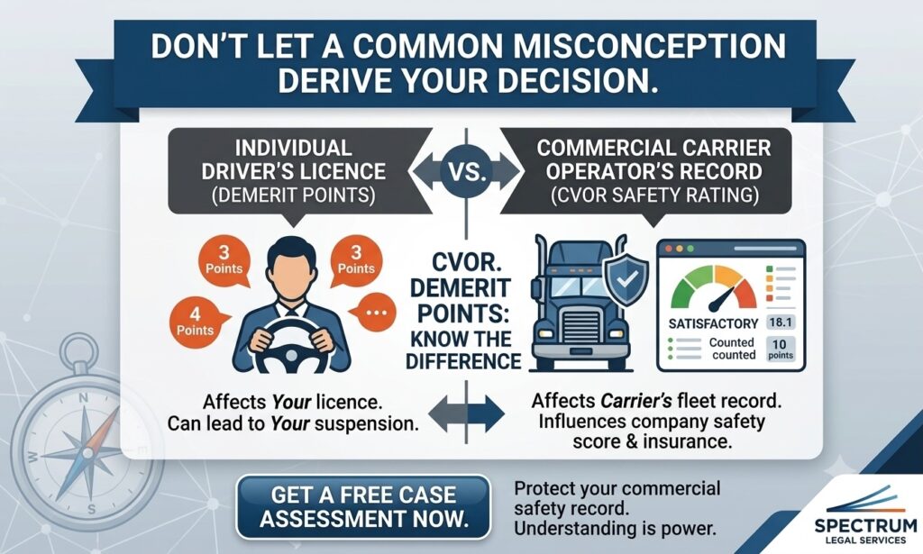 A vertical infographic is displayed, presenting a comparison titled "CVOR VS. DEMERIT POINTS: KNOW THE DIFFERENCE," contrasting their effects on individuals and commercial carriers. On the left, under the heading "INDIVIDUAL DRIVER'S LICENCE (DEMERIT POINTS)," a silhouette of a person in a car with a steering wheel is shown with orange circles and numbers pointing to their license card and head, reading "3 Points," "4 Points," "3 Points," and "3 Points." Text below states: "Affects Your licence. Can lead to Your suspension." In the center of the infographic, the text "CVOR. DEMERIT POINTS: KNOW THE DIFFERENCE" is present. On the right, under "COMMERCIAL CARRIER OPERATOR'S RECORD (CVOR SAFETY RATING)," an image of a blue semi-truck with a shield icon and a gauge on a tablet is shown, displaying "SATISFACTORY," "18.1," "Counted points 10," and "counted points." Text below states: "Affects Carrier's fleet record. Influences company safety score & insurance." Arrows and lines clearly separate and show the distinct systems. The infographic utilizes a clean design with blue, orange, and charcoal grey, with subtle, translucent network lines and a compass in the background. A small corner logo reads "SPECTRUM LEGAL SERVICES" with a blue spectrum line. At the bottom center, a bold call-to-action button, reading "GET A FREE CASE ASSESSMENT NOW," sits beside smaller text that says, "Protect your commercial safety record. Understanding is power." The overall title at the top reads: "DON'T LET A COMMON MISCONCEPTION DERIVE YOUR DECISION."