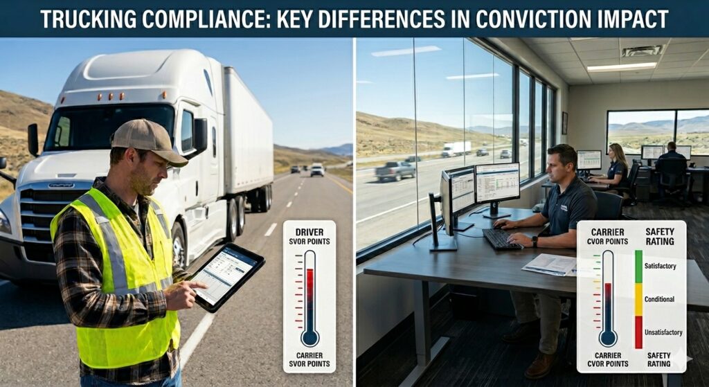 n infographic with the title "Trucking Compliance: Key Differences in Conviction Impact," divided into two scenarios regarding Driver and Carrier CVOR points and Safety Rating.
The left side of the infographic shows a truck driver in a yellow safety vest and cap, holding a tablet on an outdoor road. A white semi-truck is stopped on the shoulder behind him, with two more semi-trucks on the highway in the distance. A vertical thermometer-style graphic has the label "DRIVER CVOR POINTS" on top and "CARRIER CVOR POINTS" on the bottom. The thermometer contains a scale with 14 tick marks, and the level is filled to the 11th tick mark, indicating a conditional rating. A text box beside the thermometer states: "DRIVER CONVICTIONS & CVOR POINTS *Commercial Violations." Icons for violations follow with Speeding Ticket, Seatbelt Violation, and HOS Violation.
The right side of the infographic displays the interior of a dispatch office with a large glass window, looking out to an outdoor highway with several semi-trucks on it. An employee sits at a large desk with two monitors and a laptop. Two other employees work at their desks in the back of the office. The same vertical thermometer graphic is shown here with a vertical Safety Rating scale. Labels beside the scale state Satisfactory, Conditional, and Unsatisfactory, with corresponding colors of green, yellow, and red. The thermometer graphic has "CARRIER CVOR POINTS" labels on top and bottom, with the same conditional rating level as the left scenario. Labels on top and bottom of the Safety Rating scale state "SAFETY RATING." A text box states: "CARRIER CONVICTIONS & SAFETY RATING." Icons for violations follow with Failed Facility Audit, Improper Maintenance Records, and Carrier Safety Rating Downgrade.