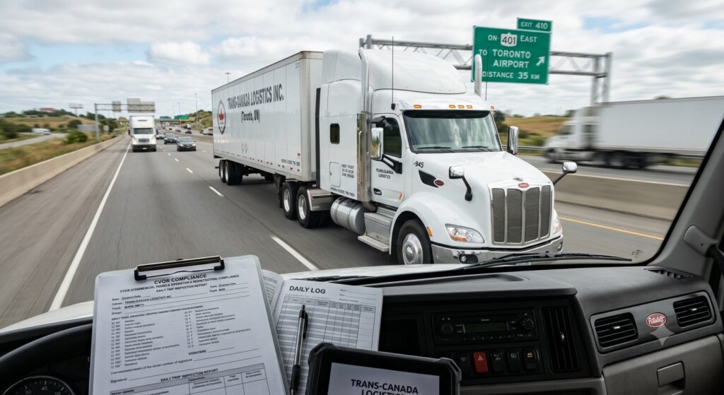 A commercial semi-truck driving on an Ontario highway past a sign for the 401 East to Toronto Airport, viewed from the dashboard of a vehicle where a CVOR compliance clipboard and daily logbook are visible in the foreground.