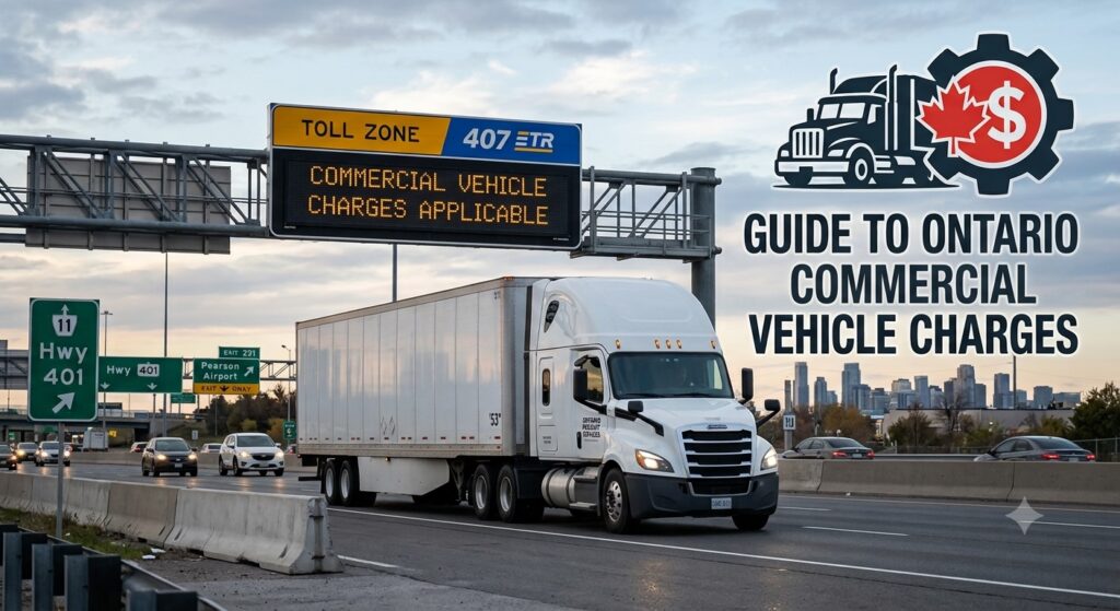 Toll Zone 407 ETR sign above a busy highway with a large semi-truck in Toronto, Ontario. A graphic overlay reads 'Guide to Ontario Commercial Vehicle Charges' with a truck, maple leaf, and dollar sign icon. The Toronto city skyline is in the background.