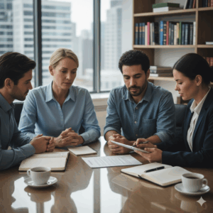 Clients consulting with a paralegal about a car accident claim in a professional office, emphasizing legal guidance and support.