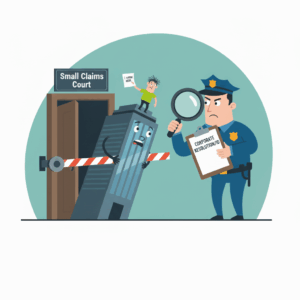 A cartoon illustration showing a stern police officer (representing the court) holding a magnifying glass and a clipboard labeled "CORPORATE RESOLUTION/ID." He is blocking a personified office building (representing a corporation) from entering a door labeled "Small Claims Court." A small, frazzled person on top of the building is holding a crumpled paper that says "I WORK HERE." The image humorously depicts a corporation being denied entry to small claims court due to a lack of proper identity and authorization checks for its representative.
