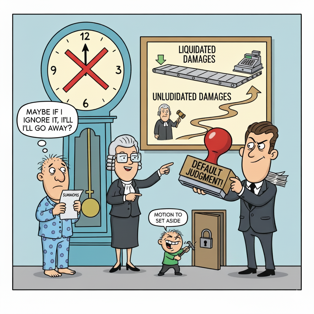 Humorous illustration of the default judgment process in Ontario Small Claims Court: A defendant in pajamas ignores the 20-day deadline while a lawyer uses a giant 'DEFAULT JUDGMENT!' stamp, referencing the difference between liquidated and unliquidated damages.