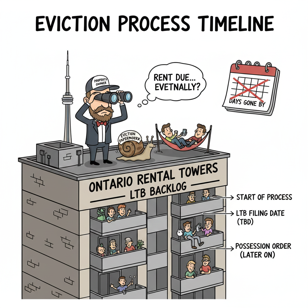 Eviction process Toronto timeline illustration showing Landlord and Tenant Board LTB backlogs, legal notices, and property management challenges in Ontario