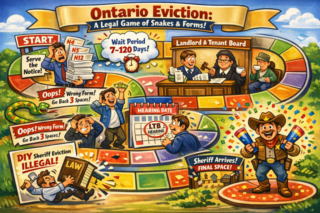 Funny illustrated board game explaining the Ontario eviction process for landlords, showing steps like serving eviction notices (N4, N5, N12), waiting periods, Landlord and Tenant Board hearing, common mistakes with wrong forms, and final enforcement by the sheriff, presented as a colourful, humorous legal guide.