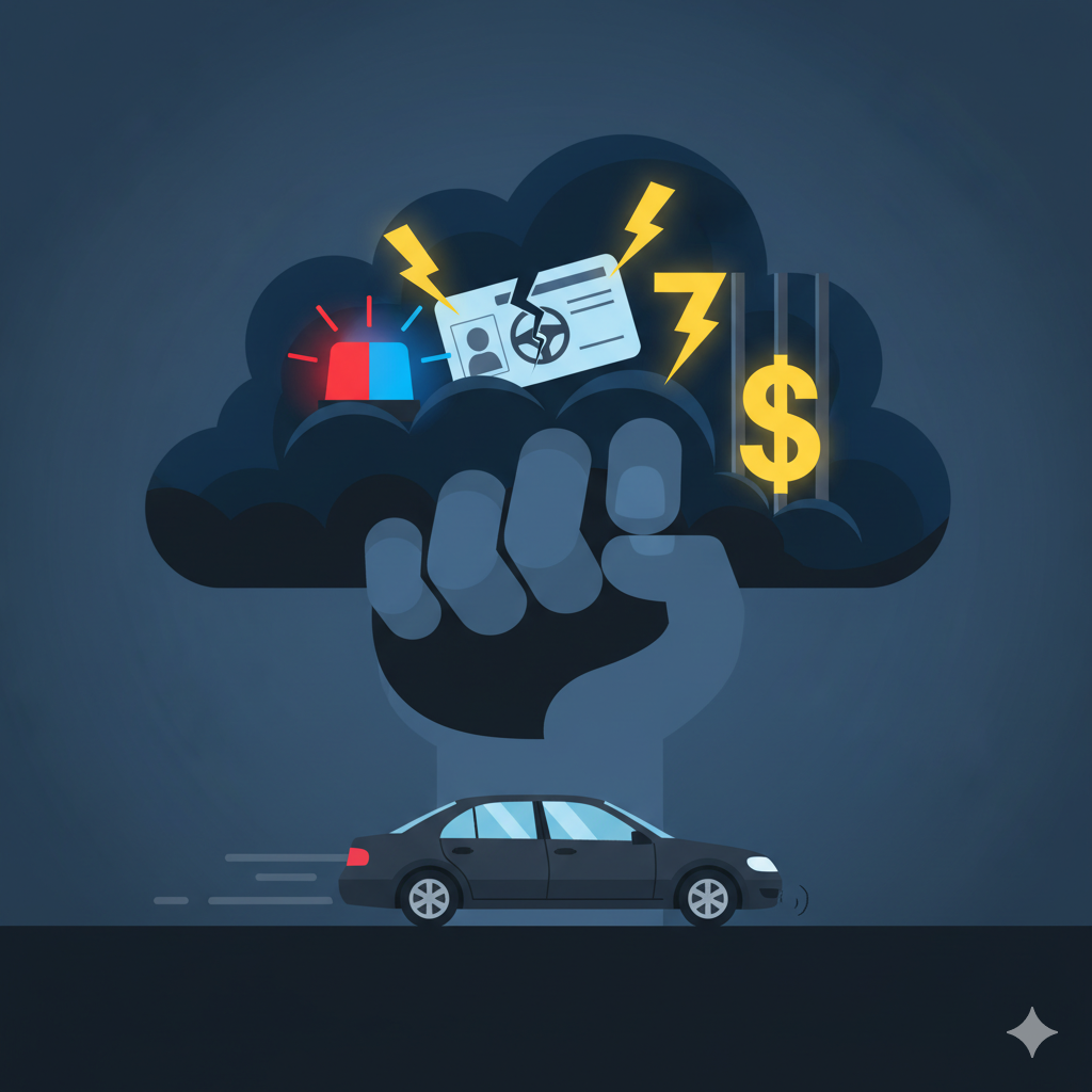A vector illustration visually warning against a Fail to Remain at Scene of Accident (hit-and-run). A dark sedan speeds away beneath a large, ominous, hand-shaped storm cloud. Inside the cloud, symbols represent the severe legal consequences for the offense: a police siren, a cracked driver's license, the number 7 (for demerit points), and jail bars with a dollar sign (representing fines and imprisonment under the Highway Traffic Act).