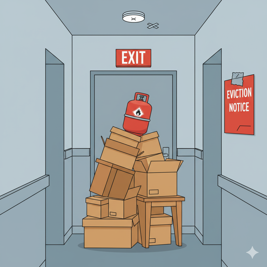 Visualizing a fire code offence: an exit blocked by clutter and a propane tank. This fire code violation results in a tenant eviction notice, a common scenario handled by a Toronto paralegal.