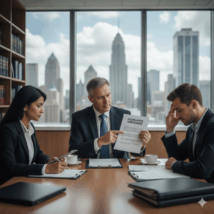 Three professionals reviewing a document labeled "Guarantee Agreement" in an office; one man points to the contract, illustrating the serious role of a guarantor in an unpaid debt case.