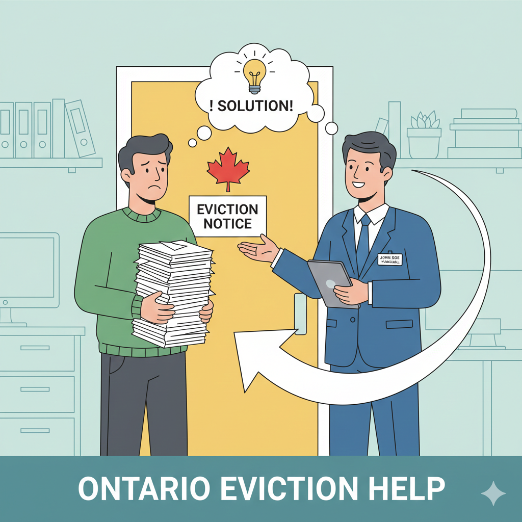 Illustration showing an Ontario tenant holding eviction paperwork while an Ontario paralegal explains a solution, symbolizing legal help with eviction notices and when to hire a paralegal for an Ontario eviction.