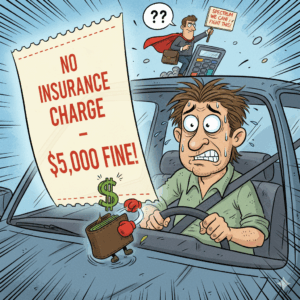 Cartoon: Driver panics over a "No Insurance Charge - $5,000 Fine!" ticket, while a superhero-paralegal offers help.