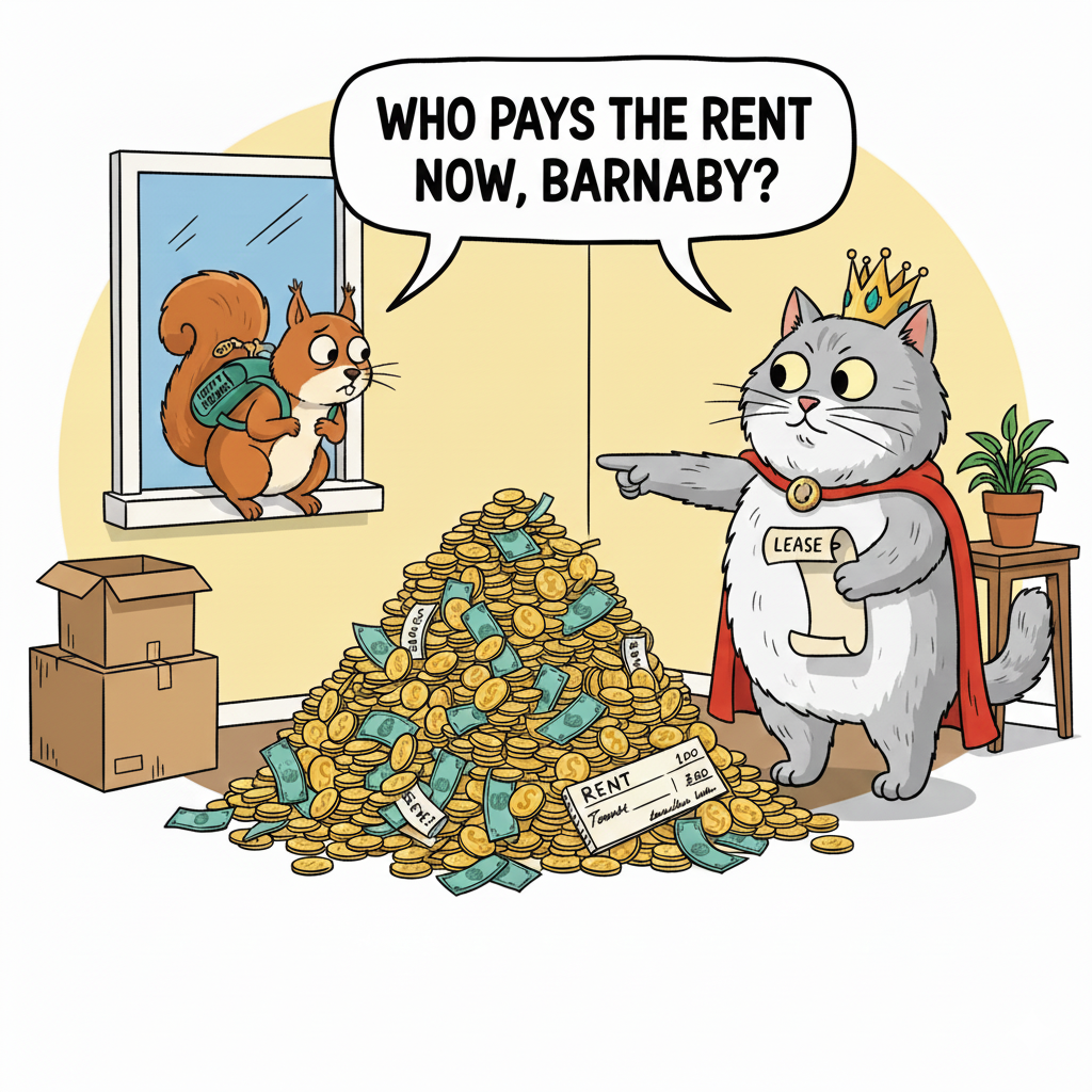 Illustration visually representing the concept of joint and several liability, showing that even when one joint tenant moves out of a rental unit, the departing tenant and the remaining tenant both remain legally responsible for the full amount of the rent.