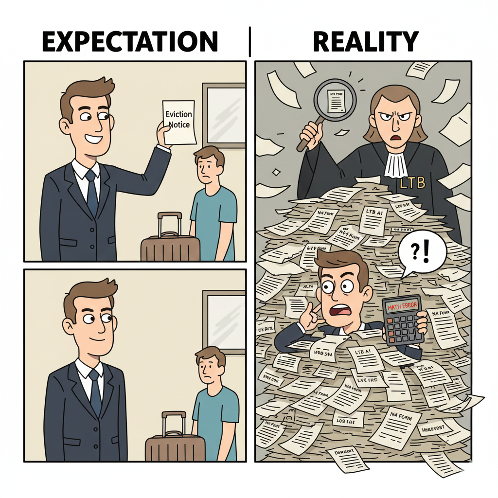 A funny two-panel 'Expectation vs. Reality' illustration for Ontario landlords. The left panel shows a happy landlord holding a 'Best SEO' trophy, while the right panel shows a stressed landlord in pajamas surrounded by coffee and messy charts, representing the difficulty of navigating Landlord and Tenant Board (LTB) eviction paperwork and legal mistakes.