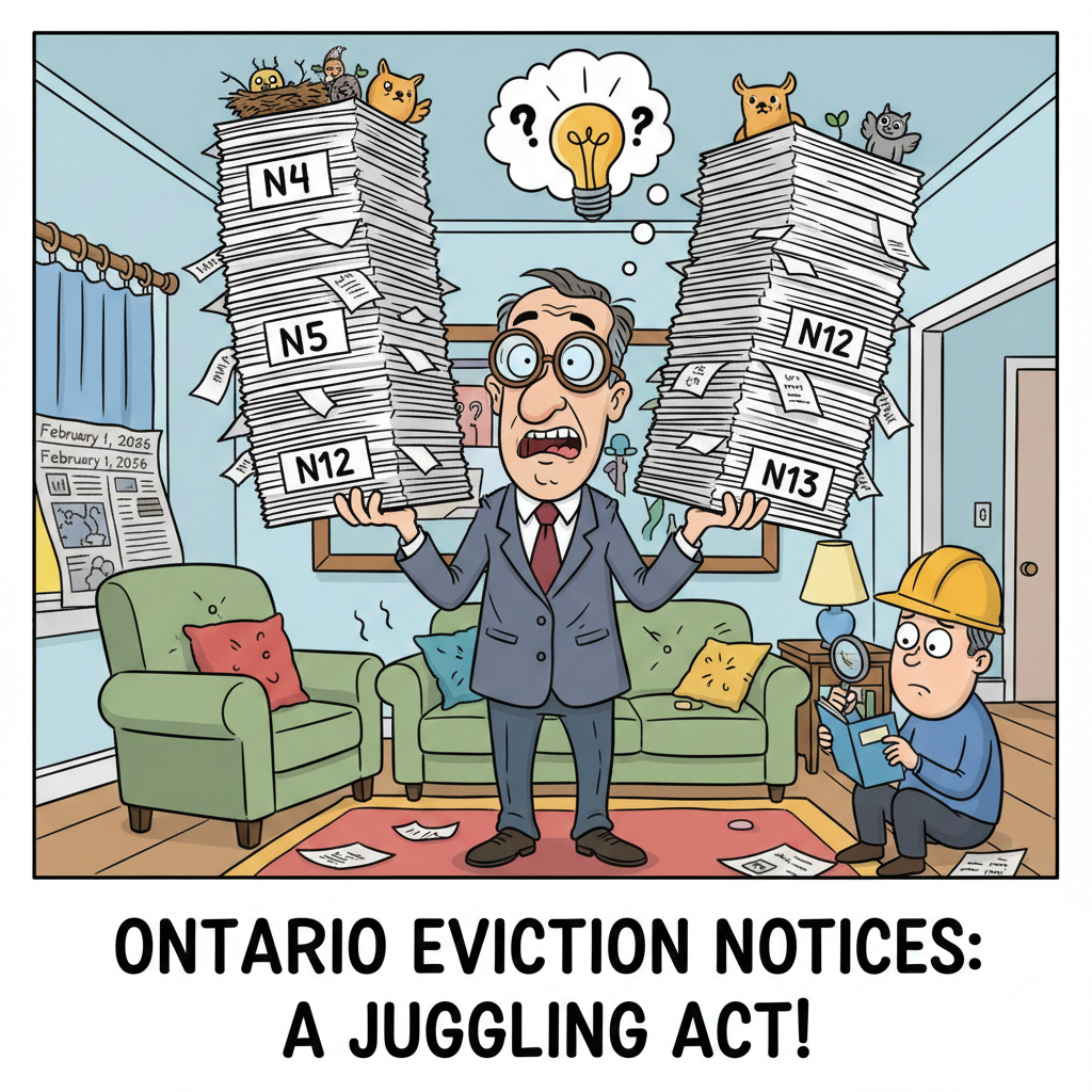 A humorous cartoon illustration titled "ONTARIO EVICTION NOTICES: A JUGGLING ACT!" featuring a bewildered man in a suit standing in a living room. He is precariously balancing two massive, wobbly stacks of paperwork labeled N4, N5, N12, and N13. A thought bubble with a lightbulb and question marks floats above his head. In the background, a small construction worker in a hard hat examines a tiny document with a magnifying glass, while small animated characters hide among the stacks of paper.
