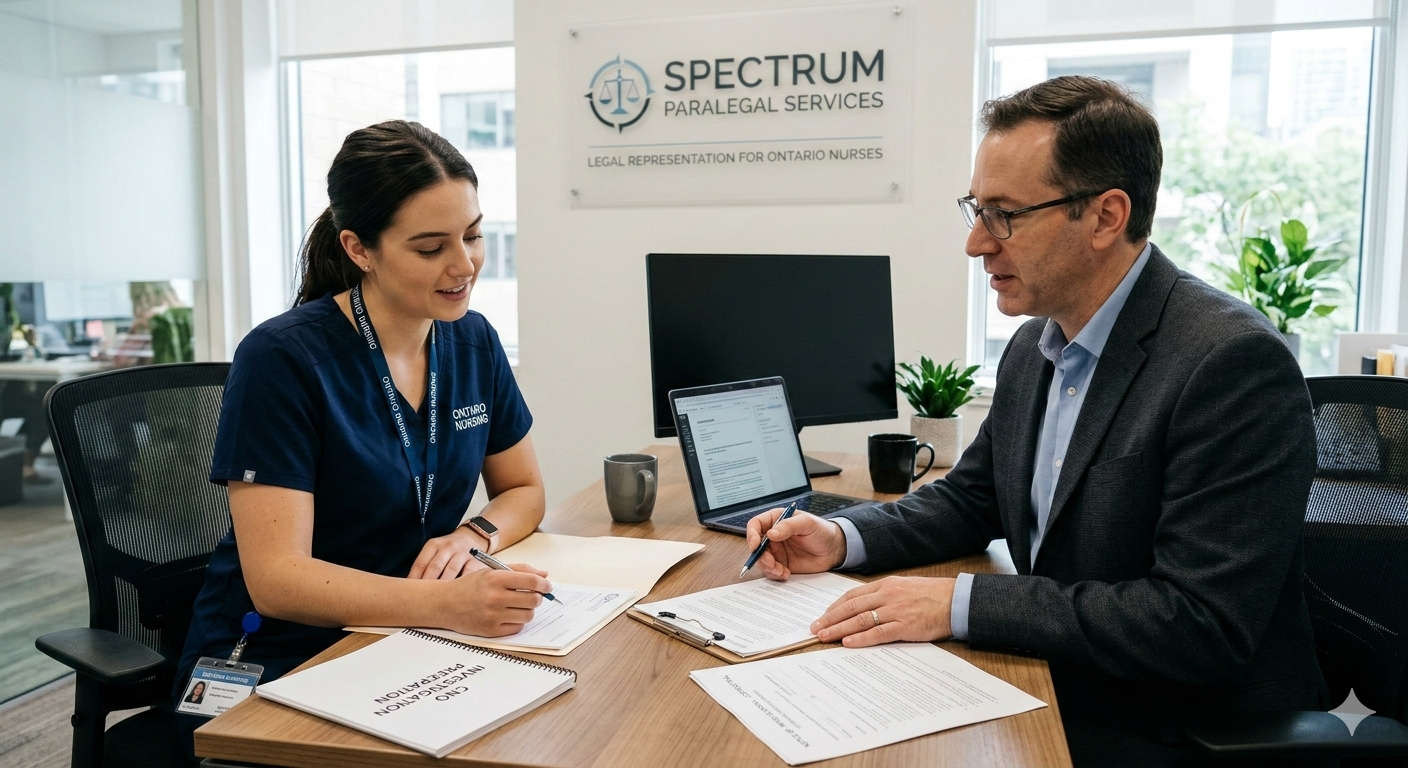 A nurse in dark blue scrubs and a legal professional in a suit sitting at a desk in an office, reviewing and signing documents labeled "CNO Investigation Preparation." The office background features a logo for Spectrum Paralegal Services.