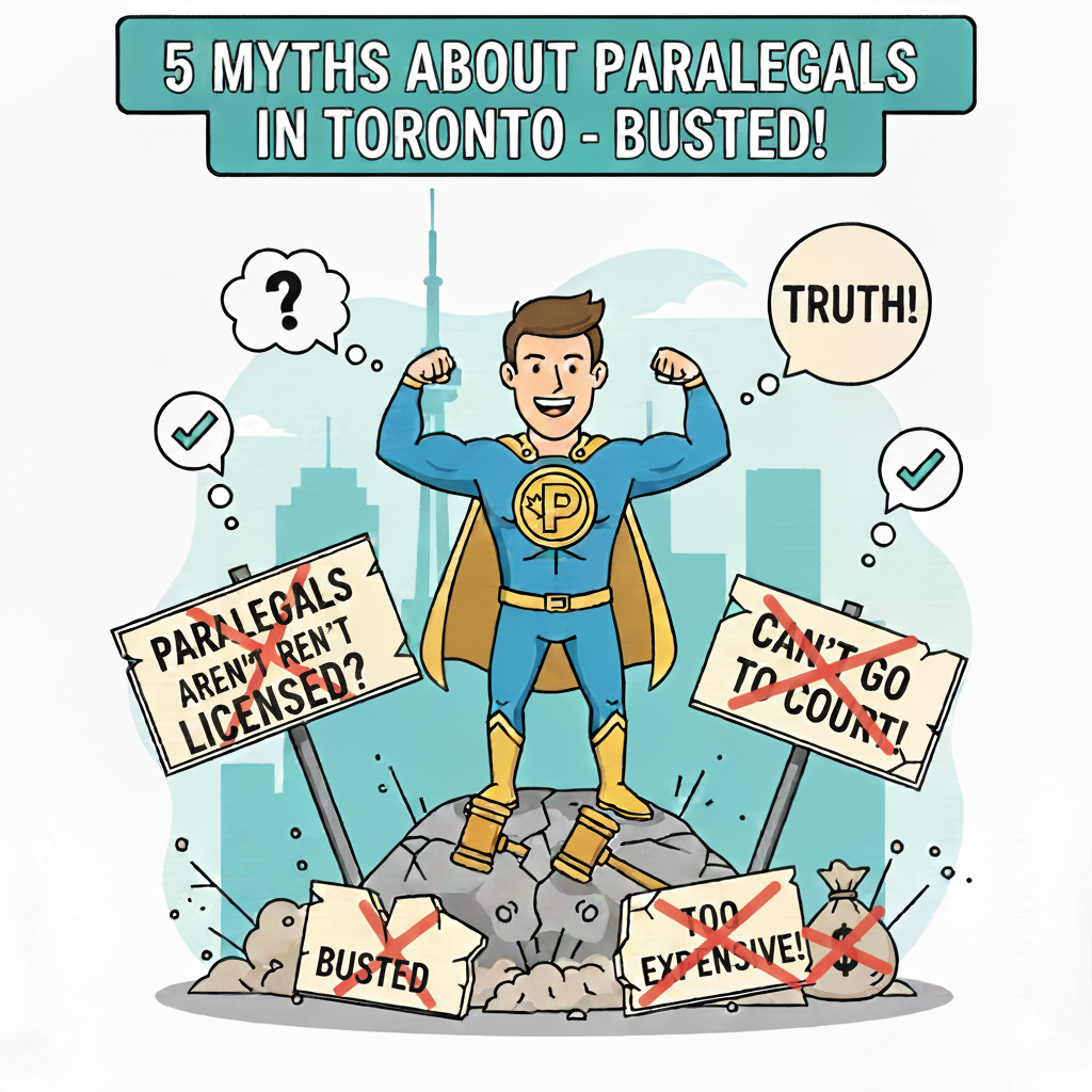 Cartoon illustration of a superhero paralegal in Toronto busting common myths about licensing, court representation, and cost.