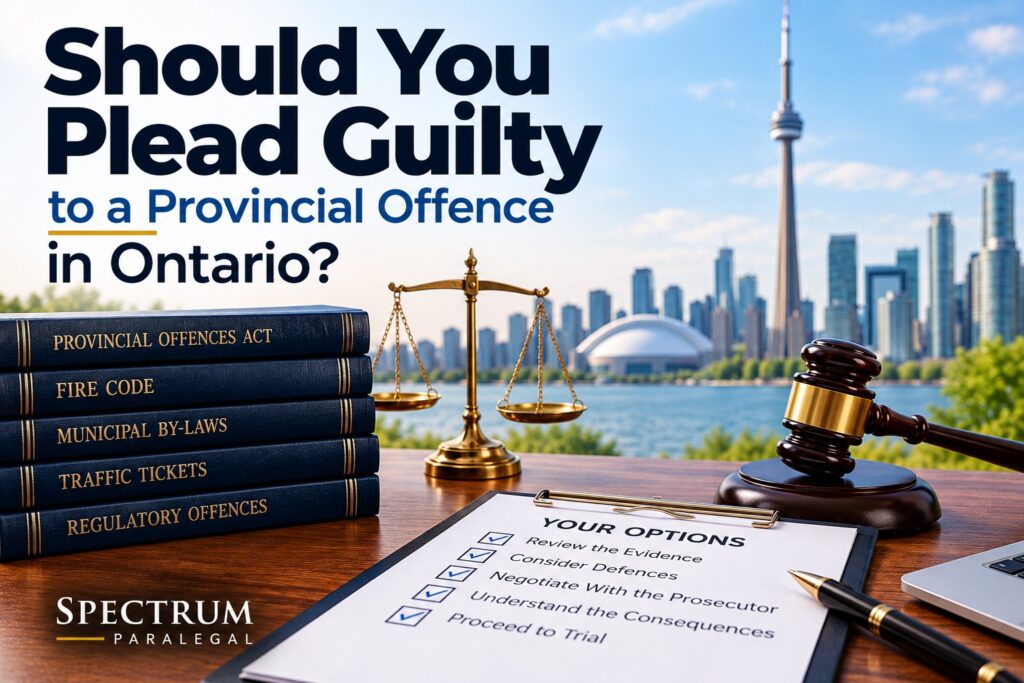 Should you plead guilty to a provincial offence in Ontario? Spectrum Paralegal guide to evidence, defences, plea negotiations and trial options.