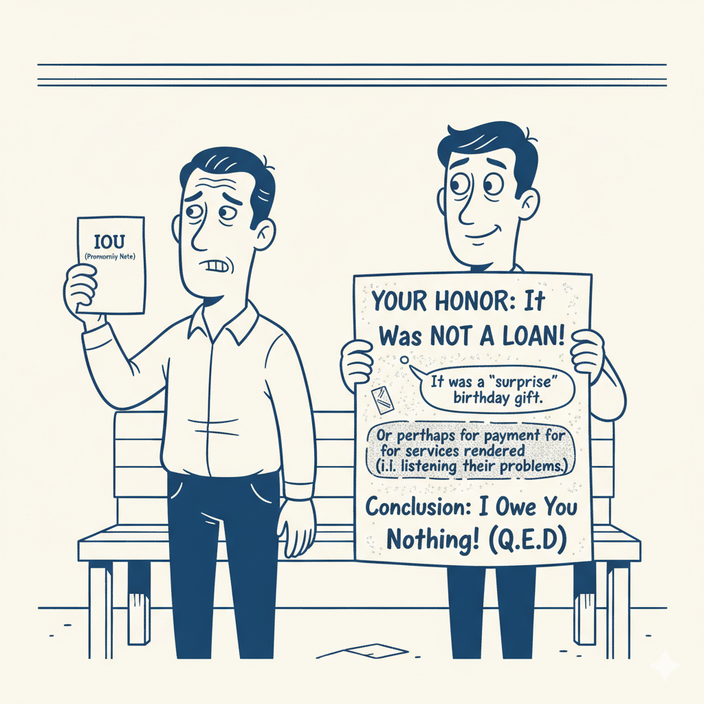 Cartoon of a stressed lender holding a Promissory Note (IOU) opposite a smiling borrower holding a large sign that reads 'YOUR HONOR: It Was NOT A LOAN!' illustrating the struggle to collect an unpaid personal loan in small claims court.