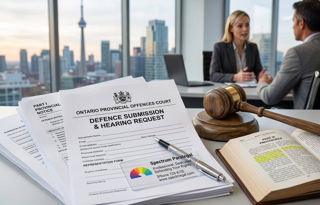 Official Ontario Provincial Offences Court document titled "Defence Submission & Hearing Request" sitting on a desk next to a wooden gavel, legal reference book, and pen, with a legal consultation taking place against the Toronto skyline in the background.