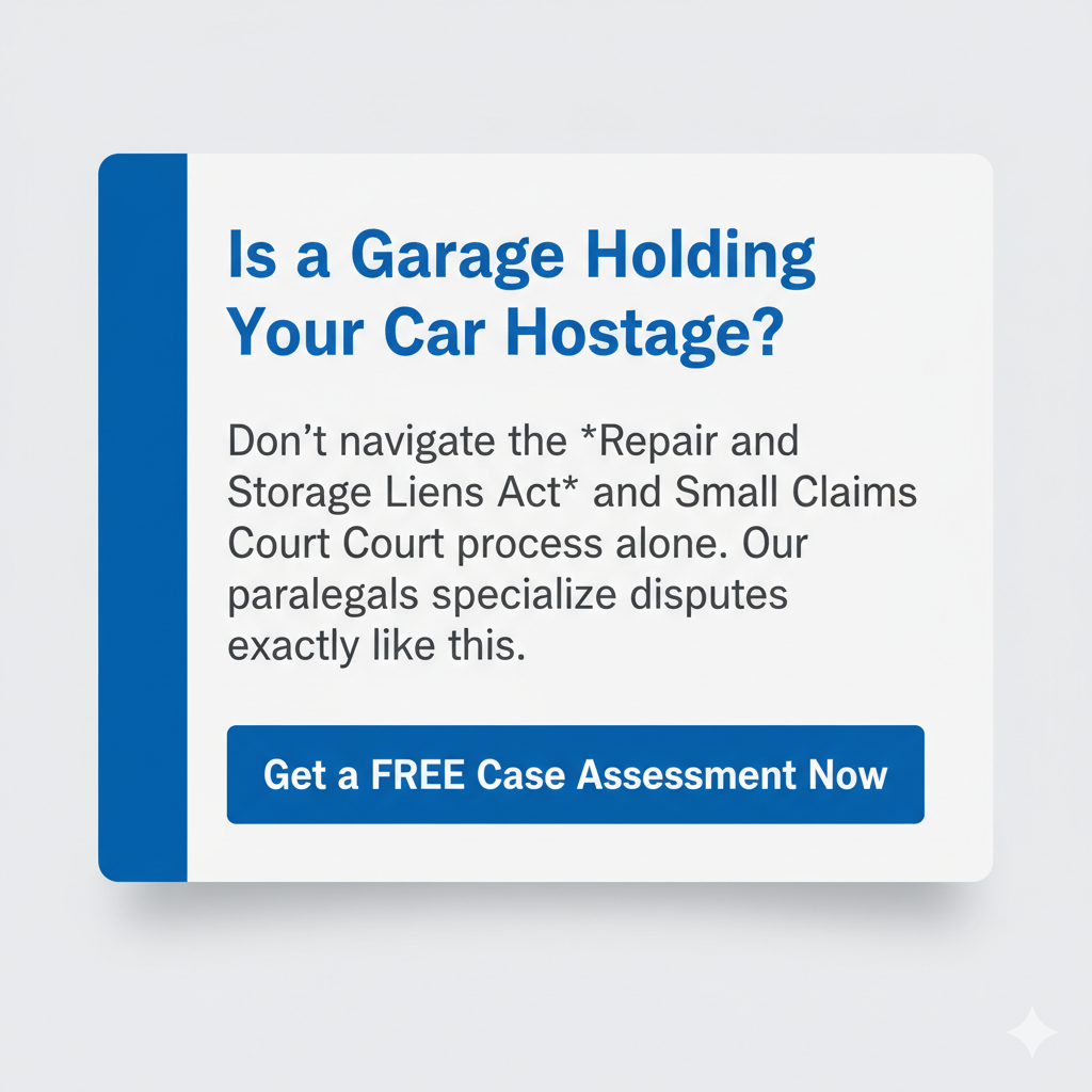Light blue and white banner ad for Spectrum Paralegal. Text reads: 'Is a Garage Holding Your Car Hostage? Don't navigate the Repair and Storage Liens Act and Small Claims Court process alone. Our paralegals specialize disputes exactly like this.' with a button that says 'Get a FREE Case Assessment Now.