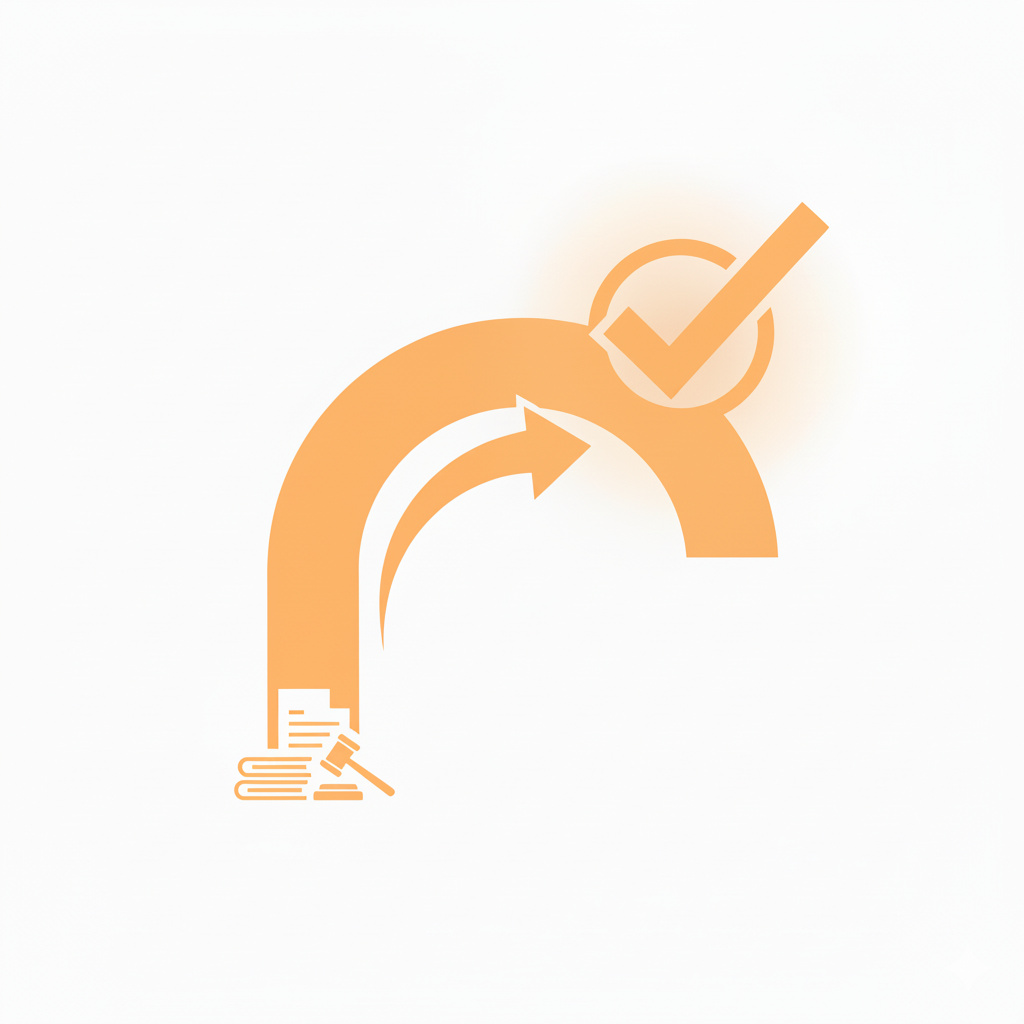 Stylized vector illustration showing a deep orange curved path, symbolizing the Small Claims Court process. The path starts with an icon of stacked legal documents and a gavel, and a bright orange arrow guides the eye up to a large checkmark icon at the peak, representing successful resolution or a favorable judgment.