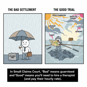 Cartoon illustration comparing a 'Bad Settlement' (left) and a 'Good Trial' (right) in small claims court.

Left Panel: A sad, single person under a small umbrella in light rain, standing next to a secure box labeled "Settlement Funds."

Right Panel: The same person, terrified and in ill-fitting armor on a rocky, uneven hill. They are pulled by ropes representing "Plaintiff" and "Defendant," while a chaotic sky threatens with lightning bolts labeled "Cross-Examination," "Judgement Delay," and "Unexpected Evidence."

Caption: "In Small Claims Court, 'Bad' means guaranteed and 'Good' means you'll need to hire a therapist (and pay their hourly rate).