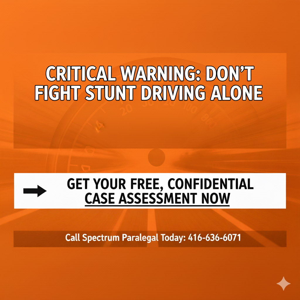Bright orange call-to-action banner warning about the severity of a Stunt Driving charge. The text reads: "CRITICAL WARNING: DON'T FIGHT STUNT DRIVING ALONE." The main button promotes: "GET YOUR FREE, CONFIDENTIAL CASE ASSESSMENT NOW." Contact number is 416-636-6071.