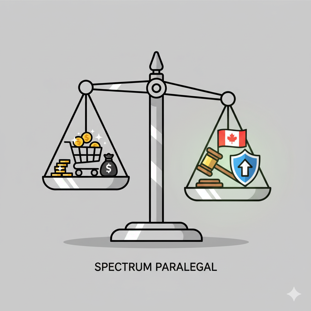 A stylized balance scale showing shoplifting items (shopping cart, money bag) on one side and legal defense symbols (gavel, Canadian flag, shield) on the other, representing the fight against a charge of theft under $5000.