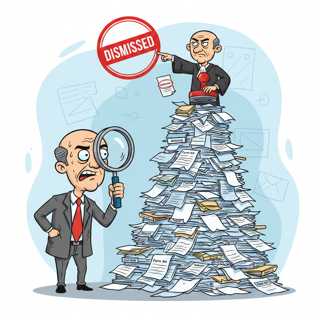 A humorous cartoon illustration of a stressed landlord in a suit holding a magnifying glass, looking at a massive, towering pile of legal forms. At the top of the paper mountain, a stern judge points a finger and holds a giant red 'DISMISSED' stamp over the documents, representing the frustration of eviction applications being rejected over minor technicalities.